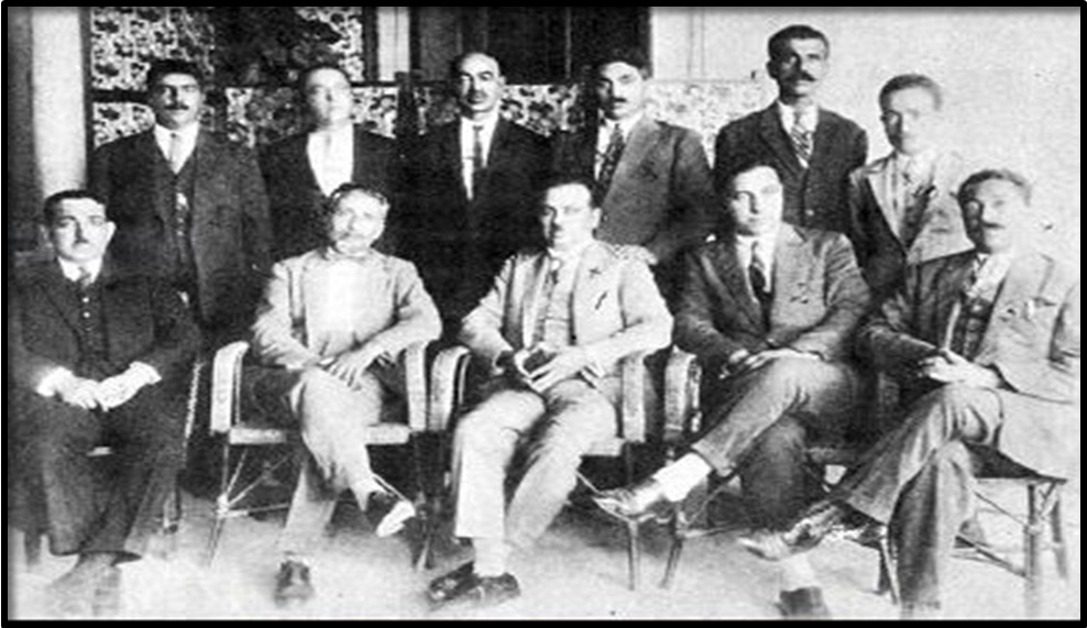 Goms [Vahan Papazian, seated, second from Left] with Kurdish notables, during the deliberations, Bhamdoun, Lebanon, 1927