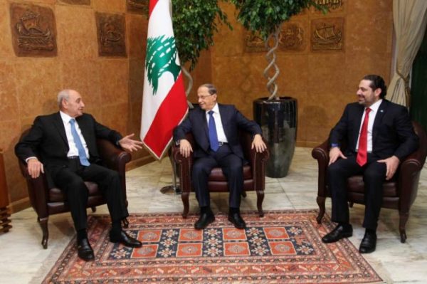 Lebanon’s President Michel Aoun (C) meets with Prime minister-designate Saad al-Hariri (R) and Parliament Speaker Nabih Berri 